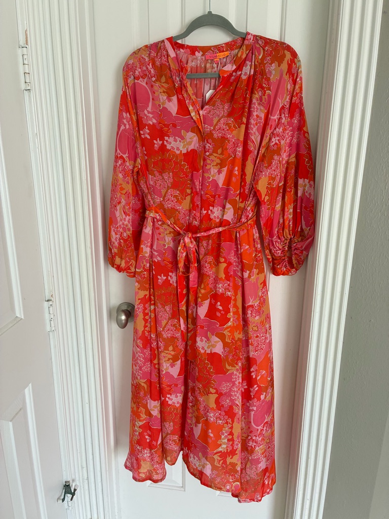 Vilagallo Pink And Orange Floral Long-Sleeve Midi Dress Us Size 10